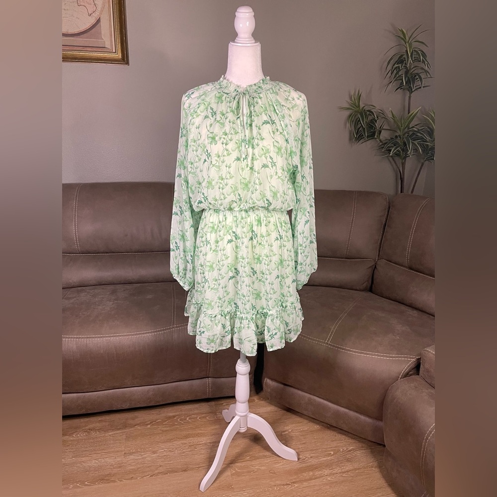Gianni Bini Green Floral Mini Dress Sz L Easter Wedding Summer Spring Vacation - Picture 2 of 14